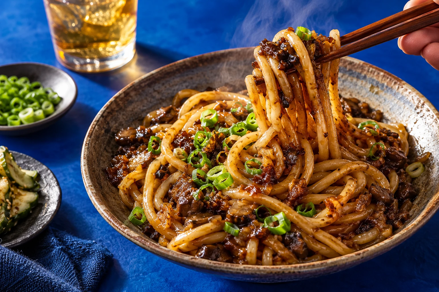 Chopsticks lifting glossy noodles coated in Japanese umami sauce