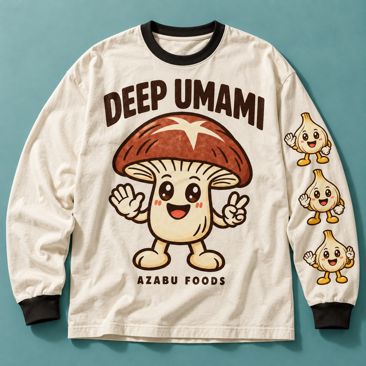 Cream long-sleeve shirt concept with Take on the chest and Nin garlic graphics down one sleeve
