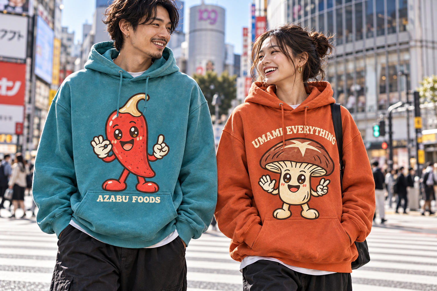 AI concept of adult models wearing turquoise Ichi and chili-orange Take hoodies in Shibuya
