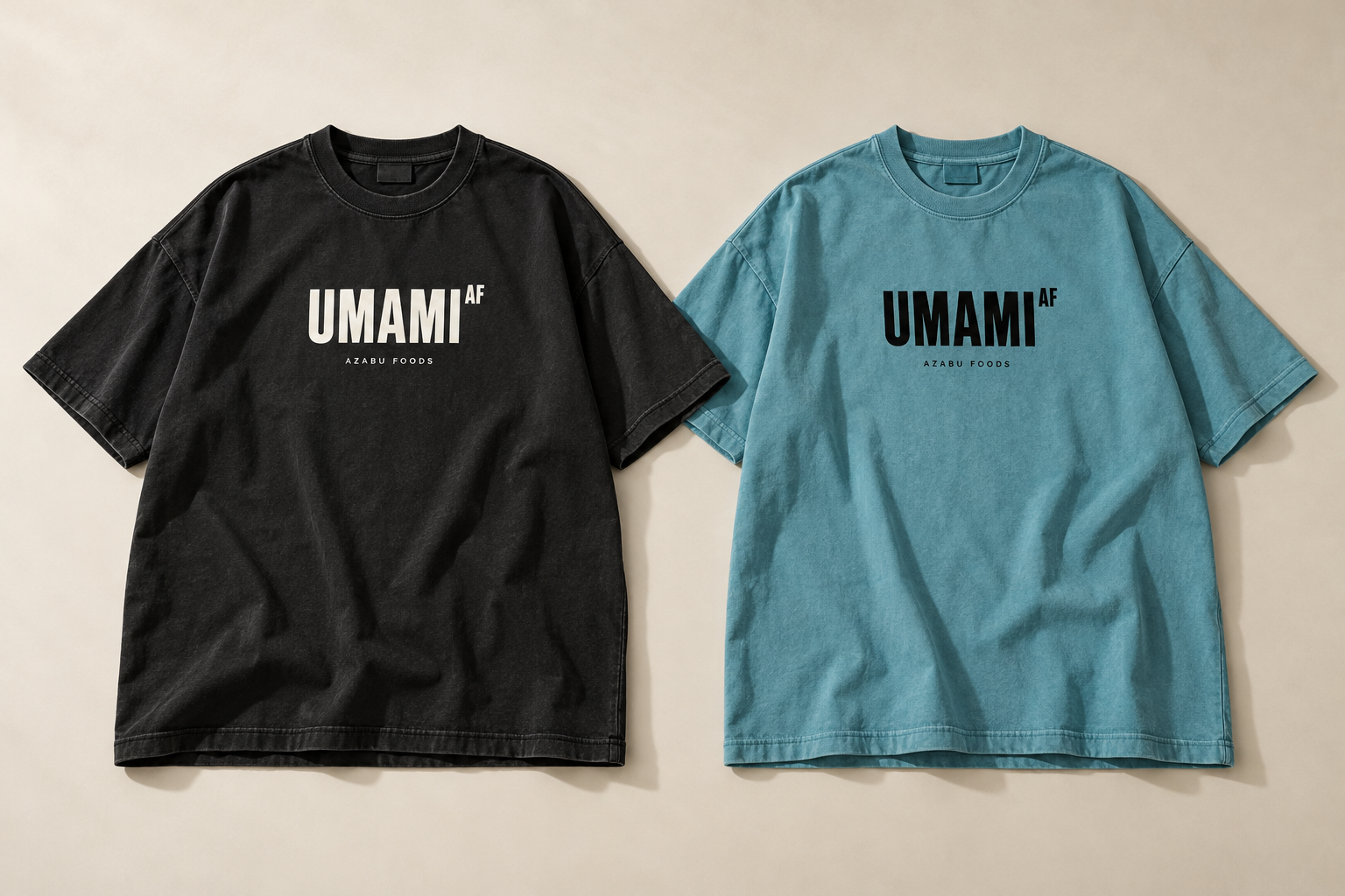 Washed-black and turquoise tee concepts with UMAMI lettering and a small raised AF exponent